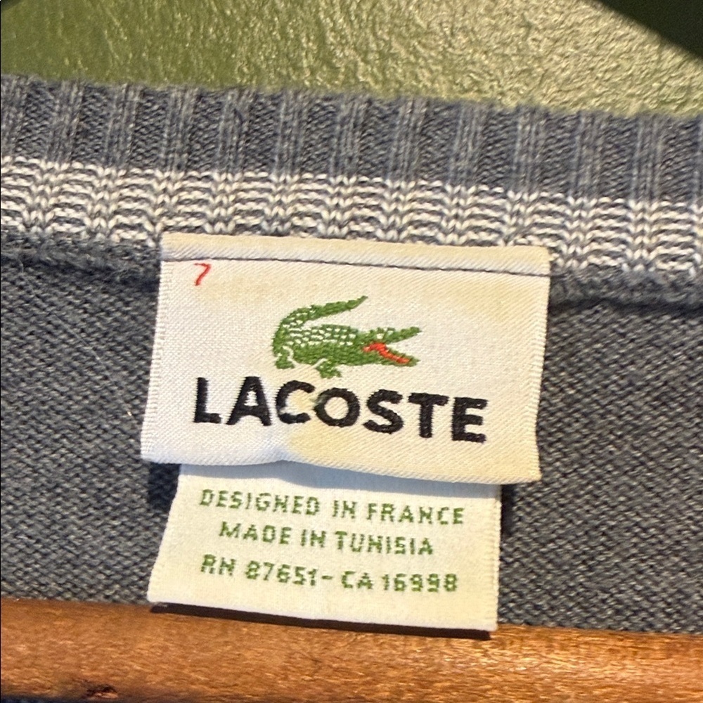 Vintage Lacoste Men's Light Gray V-Neck Sweater - Picture 2 of 7